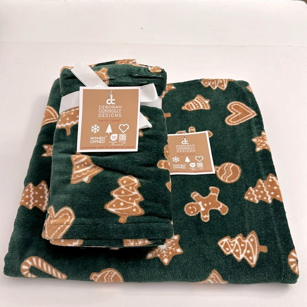 3pc DEBORAH CONNOLLY Holiday Bath Towel Set - Parade Gin - Green/Camel